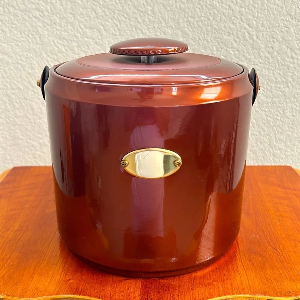 Vintage Signed George’s Briard Ice Bucket Mid Century Faux Leather Swing Handle